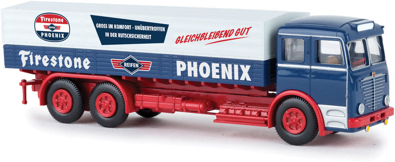 1951 Bussing 12000 Low-Side Truck with Cover - Assembled -- Phoenix Reifen (blue, white, red, German Lettering)