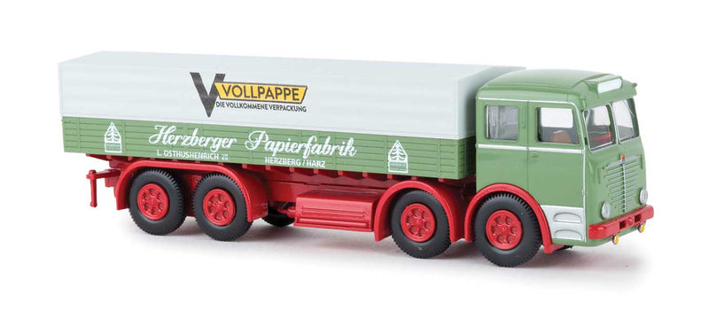 1950s Bussing 16000 Low-Side Truck with Cover - Assembled -- Herzberger Papierfabrik (green, red, white, German Lettering)