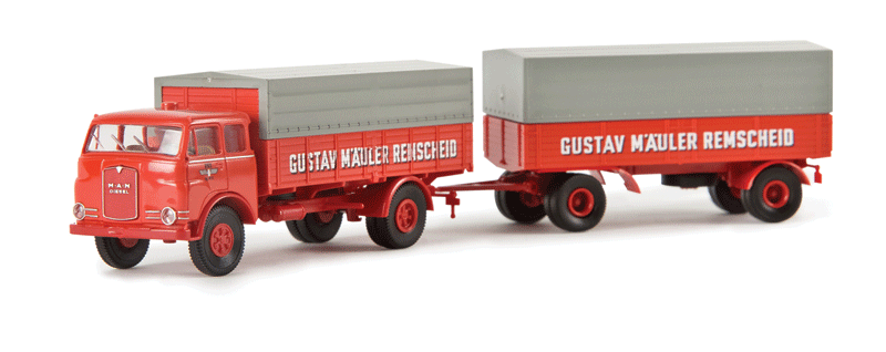 MAN 10.212 FS Low-Side Truck w/Semi Trailer -- With Tarp Cover, Gustav Mauler (red, gray, German Lettering) - Assembled