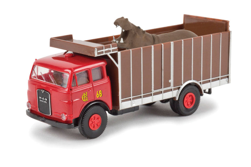 MAN 10.212 Cage-Body Truck w/Hippo Load - Assembled -- Krone Circus (red, brown, yellow, German Lettering)