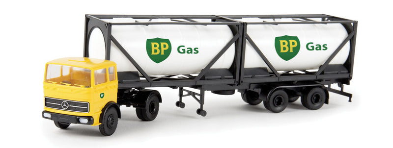 Mercedes-Benz LPS 1620 Semi Tractor w/Container Trailer & Load - Assembled -- BP Gas (yellow, black, German Lettering)