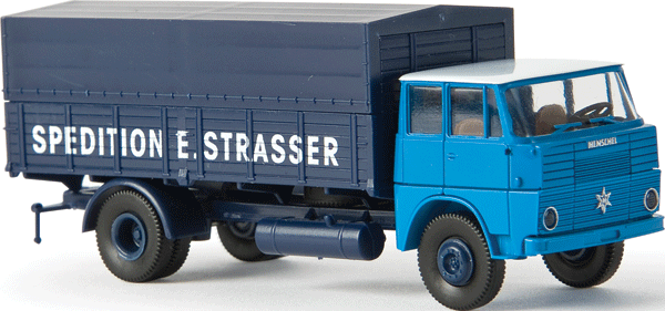 1961-1963 Bussing LS 11 TL Low-Sided Delivery Truck w/Tarp Cover - Assembled -- Strasser (2-Tone Blue, German Lettering)