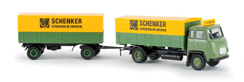 Scania LB 76 Low-Side Truck with Trailer - Assembled -- Schenker Stockholm (green, yellow, German Lettering)