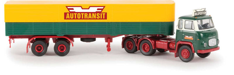 1960s Scania LBS 76 Tractor with Low-Side Trailer - Assembled -- Autotransit (green, yellow, red, Norwegian Lettering)
