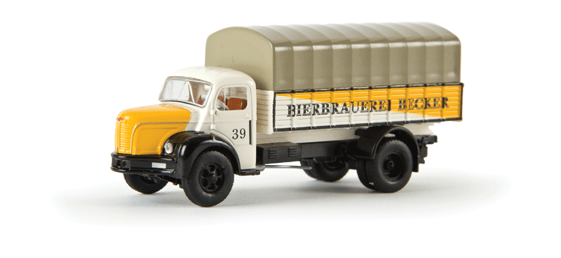 Berliet GLR 8 Low-Side Delivery Truck w/Tarp Cover - Assembled -- Bierbrauerei Becker (yellow, white, tan, German Lettering)