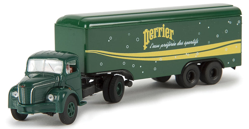 1950s Berliet TLR 8 Tractor w/Van Trailer - Assembled -- Perrier (green, yellow, French Lettering)