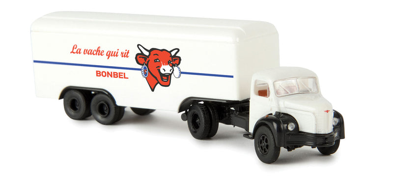 1950s Berliet TLR 8 Tractor w/Van Trailer - Assembled -- La Vache Qui Rit (white, red, blue, Laughing Cow, French Lettering)