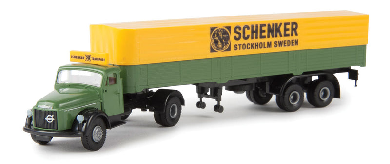 1951-1973 Volvo N88 Tractor w/Covered Low-Side Trailer - Assembled -- Schenker (green, yellow, Swedish Lettering)