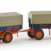 1950s Krupp Titan Low-Side Truck w/Trailer - Assembled -- With Tarp Cover, RFWK (blue, orange, German Lettering)