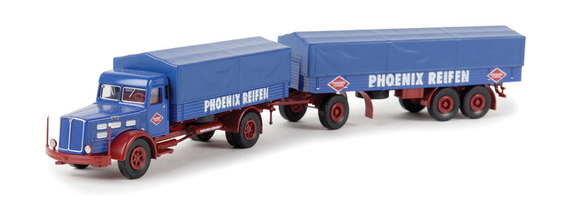 Faun L 8 L Low-Side Truck w/Trailer - Assembled -- Phoenix Reifen (blue, white, red, German Lettering)