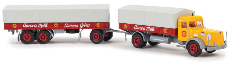 1950s Faun L8L Low-Sided Truck & Trailer w/Tarp Cover - Assembled -- Mehl (yellow, red, white, German Lettering)