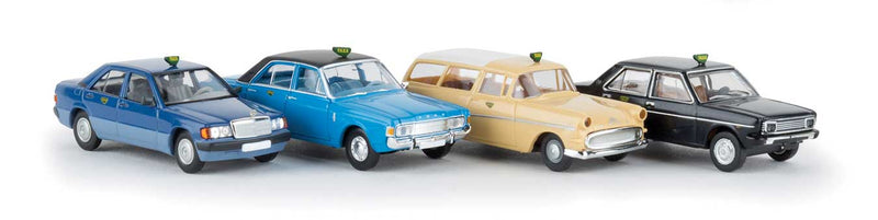 German Taxi 4-Vehicle Set 1 - Assembled -- 1 Each: Mercedes 190E, 20m, Opel P1, Fiat 131