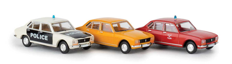 1968-1983 Peugeot 504 Sedan 3-Pack - Assembled -- 1 Each: Police (black, white), Yellow, Ville de Tours (red)