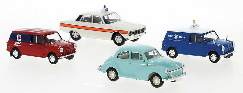 Great Britain Vehicle Set - Assembled -- 2 Each: 1960s Austin Mini Cargo Van, 1 Each: Rover P6 and Morris Minor Sedan
