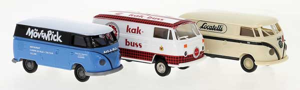 1960-1963 Volkswagen T1b Kasten Cargo Van 3-Pack - Assembled -- 1 Each: Movempick (blue, white), Kak-Buss (white, red), Locatelli (beige)