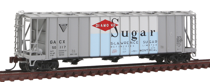 General American 3500 Dry-Flo 3-Bay Covered Hopper - Ready to Run -- Diamond Sugar GACX #50117 (gray, blue, white, red, Billboard Lettering)