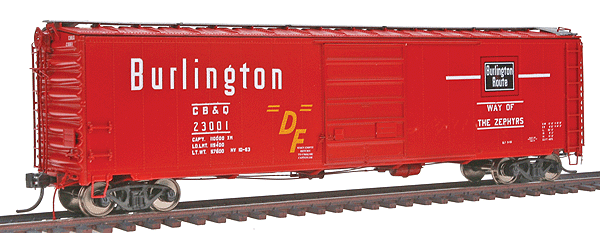 50' Boxcar, 8' Door, Assembled w/#5 Kadee(R) Couplers & Metal Wheelsets -- Chicago, Burlington & Quincy #23001
