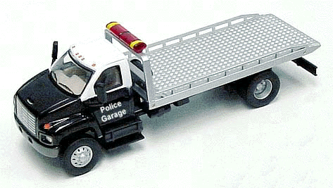 American Trucks - 2003 GMC Topkick 2-Axle Roll-On/Off Flatbed Wrecker -- Police Dept. - Black Cab w/White Roof, Silver Body