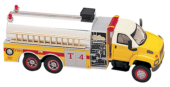 Emergency Vehicles - 2003 GMC Topkick 3-Axle Fire Tanker w/Pump -- Yellow Cab w/White Roof, Yellow Body, Silver Tank