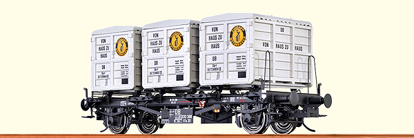 Type BTs 30 Container Flatcar - Ready to Run -- German Federal Railway DB #010 388 (Era III, black, gray Box Containers)