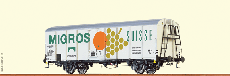 Type UIC Standard 1 Refrigerator Car - Ready to Run -- Migros SBB/FS #563 925 P (Era III, white, green, orange, Italian Lettering)