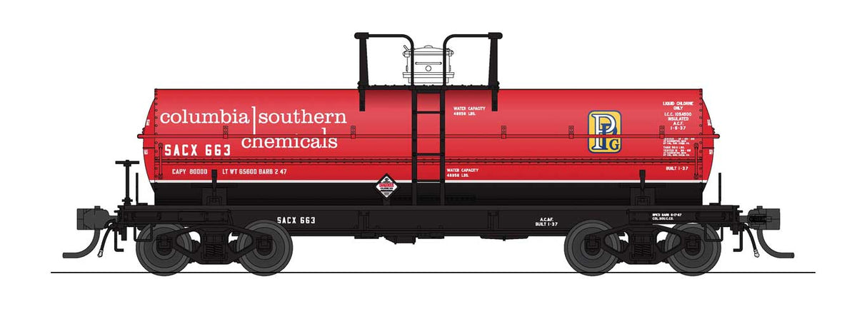 6000-Gallon Chlorine Tank Car 2-Pack - Ready to Run -- Columbia Southern SACX #655, 656 (red, black, white, PPG Logo)