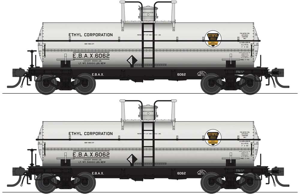6000-Gallon Chlorine Tank Car 2-Pack - Ready to Run -- Ethyl Corporation EBAX #6066, 6067 (gray, black, yellow)
