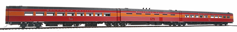 SP Daylight Three-Unit Articulated Coffee Shop-Kitchen-Diner - Ready to Run -- Southern Pacific #10261, 10260, 10259 (1953 Post-War Scheme, red, orange)