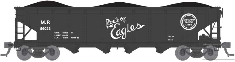 ARA/AAR 70-Ton 4-Bay Hopper w/Load 6-Pack - Ready to Run -- Missouri Pacific Set B (black, Script Route of the Eagles Slogan)