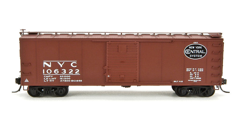 NYC 40' Steel Boxcar w/7-8 Corrugated Ends 4-Pack - Ready to Run -- New York Central (Boxcar Red, black, Post-1955 Gothic Lettering)