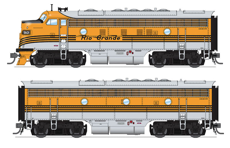 EMD F7 A-B Phase I Set w/Sound & DCC - Paragon3 -- Denver & Rio Grande Western #5601, 5602 (5-Stripe; silver, Aspen Gold)