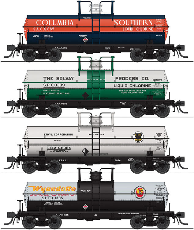 6000 Gallon Tank Car 4-Pack - Ready to Run -- Late 50s Variety Set E Columbia Sou., Solvay, Ethyl, Wyandotte (gray)
