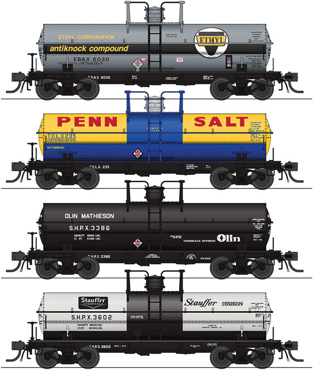 6000 Gallon Tank Car 4-Pack - Ready to Run -- 1960s Variety Set F Olin-Mathieson, Penn Salt (blue), Ethyl, Stauffer (gray)