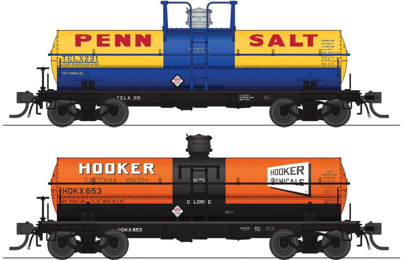 6000-Gallon Tank Car 2-Pack - Ready to Run -- Variety Set F: Penn Salt 232, Hooker 653 (Late 1950s Schemes)
