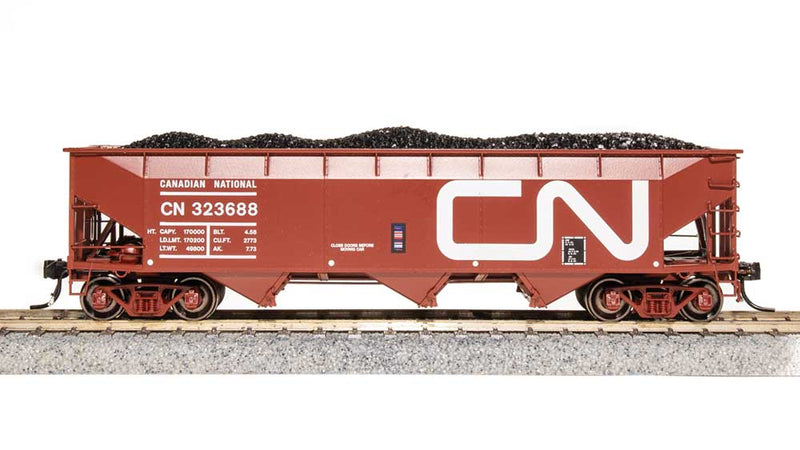 AAR 70-Ton 3-Bay Hopper w/Load - Ready to Run -- Canadian National #323688 (Boxcar Red, white, Large Noodle Logo, ACI Label)