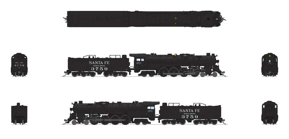 Santa Fe 4-8-4 Northern - Standard DC - Stealth -- Santa Fe #3759 (2020s Kingman, AZ Display Scheme, black, silver, white)-2