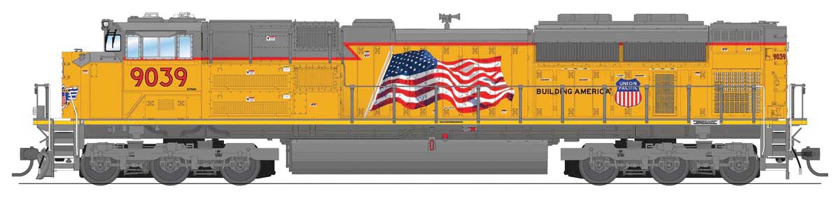 EMD SD70ACe - Standard DC - Stealth Series -- Union Pacific #9054 (Armour Yellow, gray, red, US Flag, Building America Log-1
