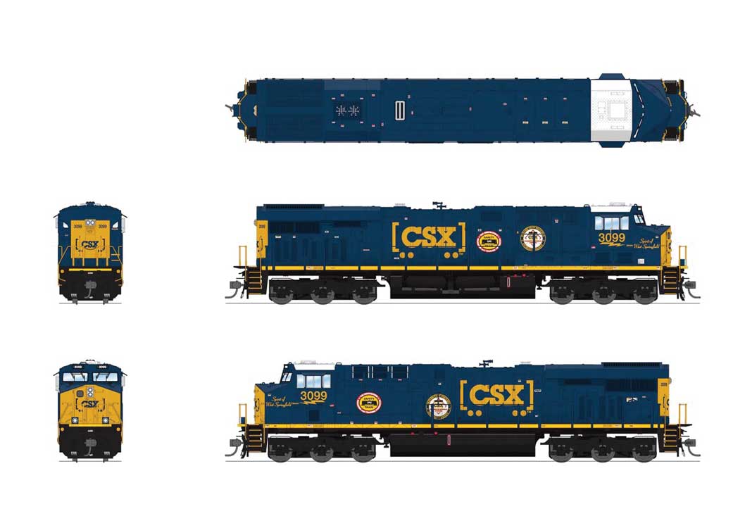 GE ES44AC GEVO - Standard DC - Stealth -- CSX #3099 Spirit of West Springfield (blue, yellow, Boxcar Logo)-2