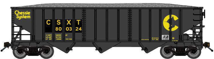 70-Ton 3-Bay 14-Panel Hopper w/Coal Load - Ready to Run -- Chessie System CSXT (black, yellow; Patched Reporting Marks)