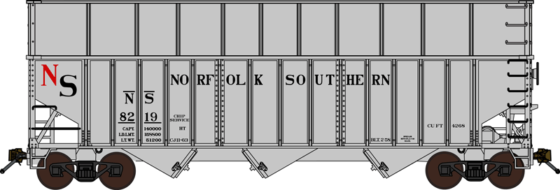 Rib-Side 3-Bay Wood Chip Hopper w/Ribbed Side Extensions - Ready to Run -- Original Norfolk Southern (gray, black, red)