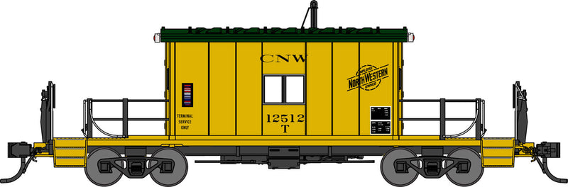 Steel Transfer Caboose w/Short Roof - Ready to Run -- Chicago & North Western #12512 (yellow, green, Employee Owned Logo)