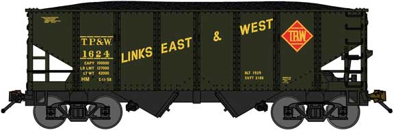USRA 30'6" 2-Bay Hopper with Load - Ready to Run -- Toledo Peoria & Western (dark green, yellow, red, Link Slogan)