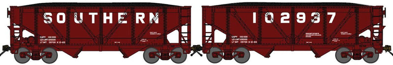 2-Bay Rebuilt War-Emergency Hopper Permanent Pair with Load - Ready to Run -- Southern Railway 102937 (1960s Boxcar Red, Billboard Lettering)