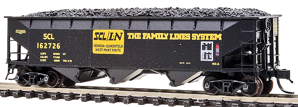 70-Ton Offset-Side 3-Bay Hopper w/Coal Load Single Car - Ready to Run -- Family Lines / Seaboard Coast Line (black, yellow FLS Logo)