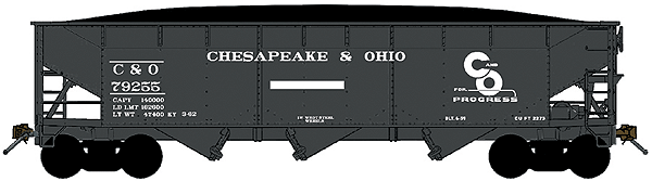 70-Ton Offset-Side 3-Bay Hopper w/Coal Load Single Car - Ready to Run -- Chesapeake & Ohio (black, Progress Logo)