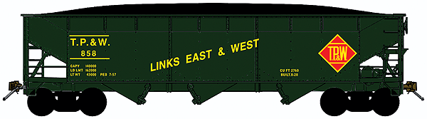 70-Ton Offset-Side 3-Bay Hopper w/Load Single Car - Ready to Run -- Toledo Peoria & Western (green, Links East & West Slogan, Diamond Logo)