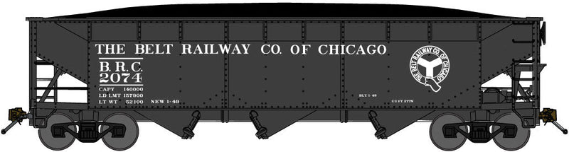 70-Ton Offset-Side 3-Bay Hopper w/Load 2-Pack - Ready to Run -- Belt Railway of Chicago (black, white, Belt Logo)