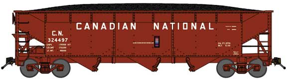 70-Ton Offset-Side 3-Bay Hopper w/Load - Ready to Run -- Canadian National #324609 (Boxcar Red, 12" Billboard Lettering)