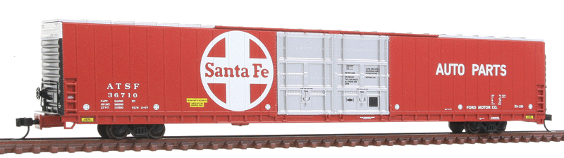 Pullman-Standard 86' Double-Door Auto Parts Boxcar 2 Pack - Ready to Run -- Santa Fe (red, silver, white, Large Logo, Auto Parts Lettering)