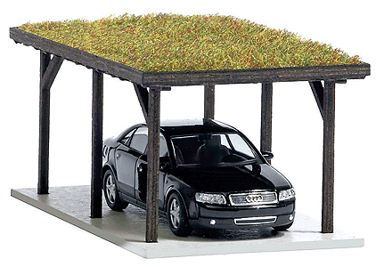 Grass-Roofed Carport w/Vehicle -- Laser-Cut Wood Kit - 1-9/16 x 2-3/4 x 1-1/4" 4 x 7 x 3.2cm-1